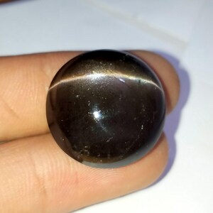 May include: A round, black gemstone with a golden sheen. The gemstone has a cat's eye effect, with a thin line of light running through the center.