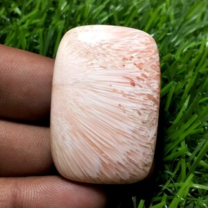 Puede incluir: Una piedra preciosa cabujón rosa y blanca con un patrón estriado único. La piedra preciosa es lisa y pulida, con una forma rectangular ligeramente redondeada.