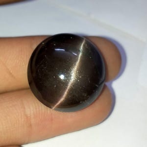 May include: A dark gray oval cabochon gemstone with a silver sheen. The gemstone has a cat's eye effect, with a single line of light running through the center.