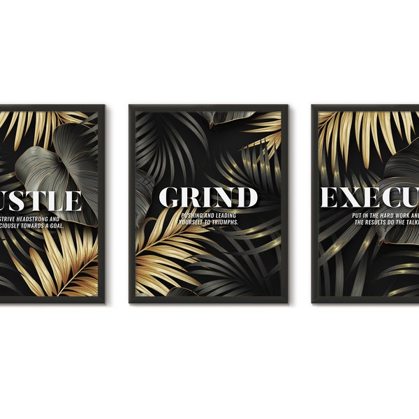 Hustle Grind Arbeiten, 3 Stück Motivierende Wandkunst, Boss Hustle Dekor, inspirierende Zitate, Unternehmer Geschenk