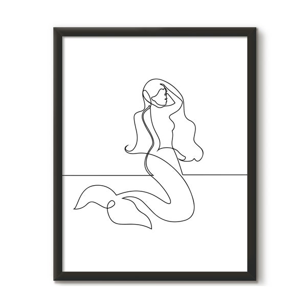 Trendy Single Line Mermaid Wall Art for Bathroom, Printable One Line Drawing Print, Guest Bathroom Wall Decor