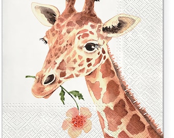 Serviettes à découper en papier de soie animal 3 plis 33 cm x 33 cm Lunch Serviettes - Paquet de 20 (Girafe avec fleur)