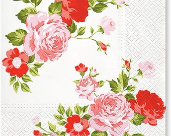 Serviettes de table en papier de soie florales, 3 épaisseurs, 33 cm x 33 cm - Lot de 20 (composition roses)