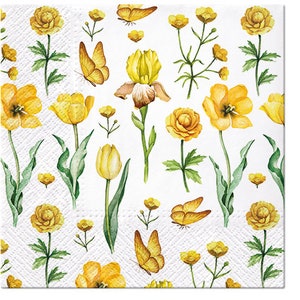 3-PLY Flower Tissue Paper Decoupage Napkins 33cm x 33cm Lunch Serviettes - Pack of 20 (Yellow Blossoms)