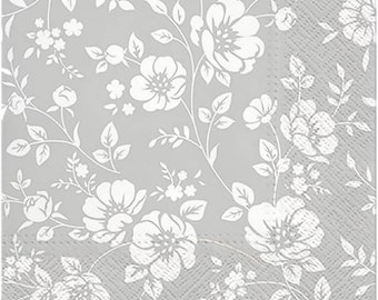 3-PLY Floral Tissue Paper Decoupage Napkins 33cm x 33cm Lunch Serviettes - Pack of 20 (Ornament Bushes Grey)