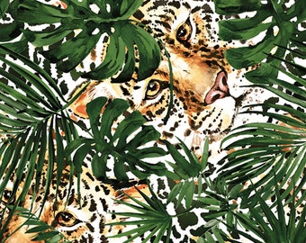Tovaglioli per decoupage in carta velina a 3 veli con animali, 33 x 33 cm, confezione da 20 tovaglioli (Leopardo nascosto con Monstera verdi)