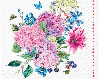 Serviettes de table en papier de soie florales, 3 épaisseurs, 33 x 33 cm - Lot de 20 (bouquet d'hortensias)