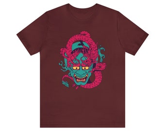 Japanese Oni Mask T-shirt: Vintage Dragon Graphic Tee
