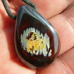 Könnte beinhalten: Ein tropfenförmiger Anhänger aus schwarzem Obsidian mit einem weißen und gelben Muster im Inneren. Der Anhänger ist an einer schwarzen Schnur.