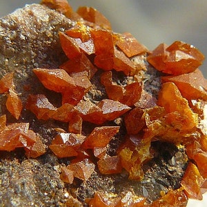 Wulfenite - Bipyramidal Crystals - Yuma Co., Arizona, USA - Old Thumbnail in perky box - 18x13x12mm - Probably from the Melissa Mine