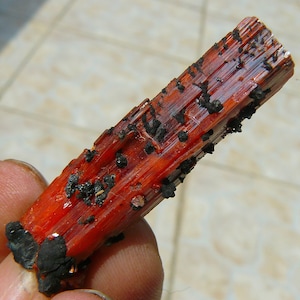 Könnte beinhalten: Ein langer, dünner, rot-schwarzer Kristall mit einer gestreiften Oberfläche. Der Kristall ist etwa 12,5 cm lang und hat an einem Ende eine dunkle, fast schwarze Beschichtung.
