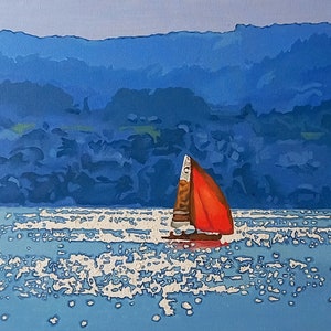 The red sail walks easily over the waves | Original Oil Painting on Canvas Art Seascape Sail boat decor Medium Artwork by LEKAArtCo