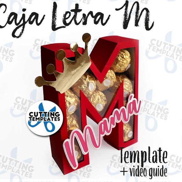 Caja letra M template, día de las madres, caja para chocolates |Caja letra M + topper mamá + corona| .SVG / .STUDIO /.PDFguia