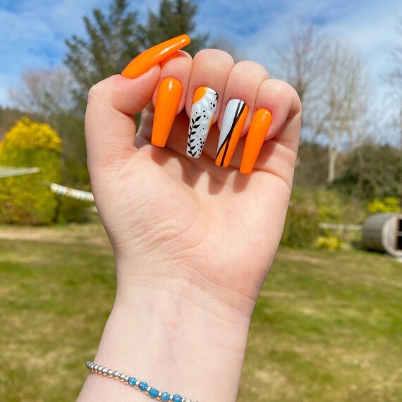 Neon Orange Floral Press On Nails Etsy Ireland