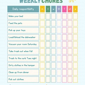 Weekly Chore Chart, Kids Chore Chart, Kids Chore List, Cute Design ...