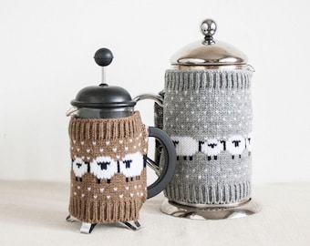 Wool Knitted Cozy for French Press with Flock of Sheep Pattern, Handmade Gift for Coffee Lover or Hostess, Cozy Home Item