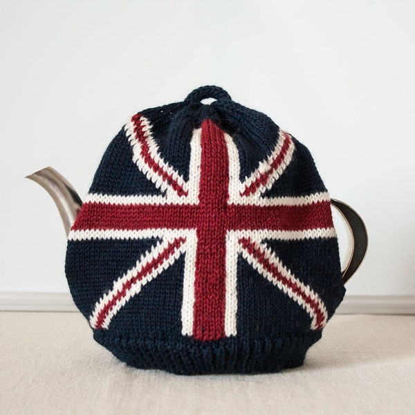 UK Flag Wool Hand Knitted Cozy Cover for Medium Teapot (4-6 cups), Navy Blue Tea Kettle Cover, Gift for Tea Lover and Hostess, Gift for Men