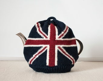 UK Flag Wool Hand Knitted Cozy Cover for Medium Teapot (4-6 cups), Navy Blue Tea Kettle Cover, Gift for Tea Lover and Hostess, Gift for Men