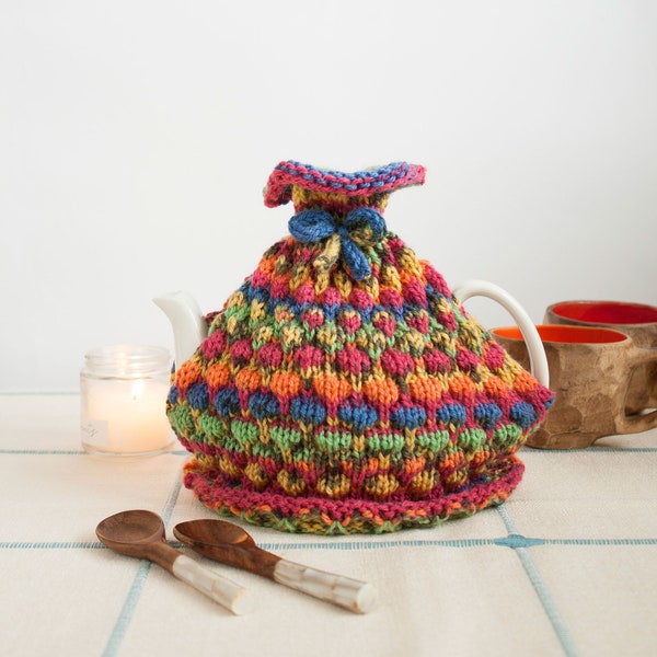 Multicolored Hand Knitted Cozy For Medium Teapot (4-6 Cup), Tea Lover Or Hostess Gift