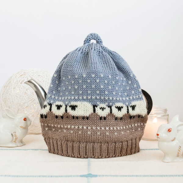 Wool Hand Knitted Tea Cozy for Small (2-3 cup) or Medium  (4-6 cup) Teapot, Cottage Core, Tea Kettle Cover, Flock Of Sheep On Winter Pasture
