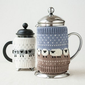 Wool Knitted Cozy for French Press with Flock of Sheep Pattern, Handmade Gift for Coffee Lover or Hostess, Cozy Home Item