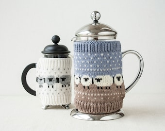 Wool Knitted Cozy for French Press with Flock of Sheep Pattern, Gift for Coffee Lover or Hostess, Cosy for Coffee Pot