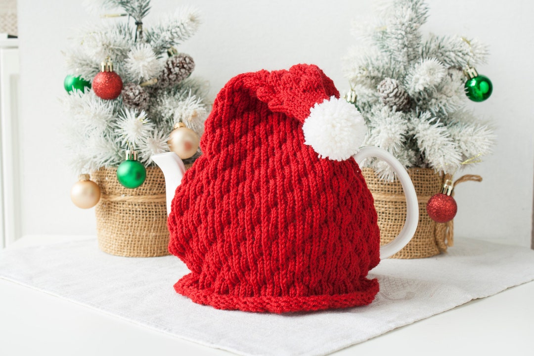 Santa Hat Tea Cozy for Small or Medium Teapot, Red Knit Tea Cover Cozy