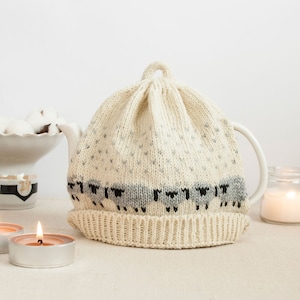 Wool Hand Knitted Tea Cozy for Small (2-3 cup) or Medium (4-6 cup) Teapot, Cottage Core, Tea Kettle Cover, Flock Of Sheep On Winter Pasture