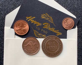 70th Birthday, 1954 Australian Half Penny, 1911 Penny, uncirculated 1 cent & 2 cent coins, with Vintage mini Envelope