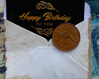 60th Birthday Gift, 1964 Australian Penny with Vintage mini Envelope