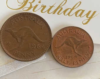 60th Birthday Gift, 1964 Australian Penny & Half Penny Set, with Vintage mini Envelope