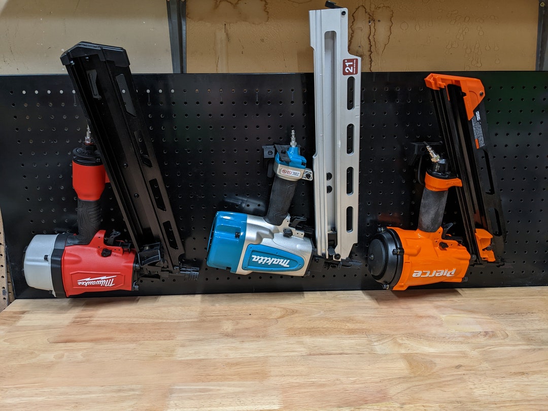Pegboard Mounted Rafter Hook Mount for Framing Nailer or Circular Saw