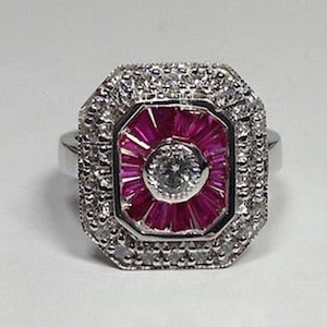 Antique Ruby Gemstone Ring, Bezel Round Cut CZ Stone Double Halo Ring, Vintage Art Deco Style Wedding Ring, Women's Promise Ring In 14k Gold