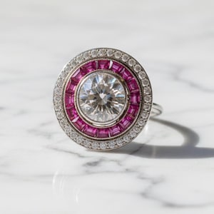 Ruby Gemstone Target Bridal Ring, Old European Cut CZ Stone Art Deco Ring, Double Halo Milgrain Wedding Ring For Women, Vintage Style Ring