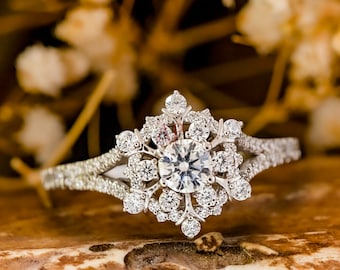 Beautiful SnowFlake Ring, Split Shank Ring, Round Cut CZ & Moissanite Diamond Engagement Ring, Woman's Wedding Ring, Christmas Gift Ring
