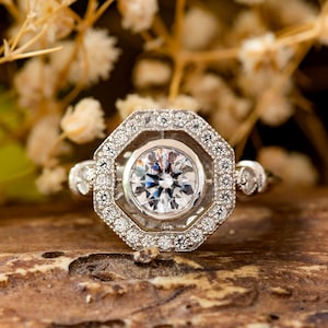 Round Cut Moissanite Diamond Engagement Ring, Vintage Inspire Ring, Octagon Shape Halo Ring, Bezel Set Ring, Wedding Anniversary Gift Ring