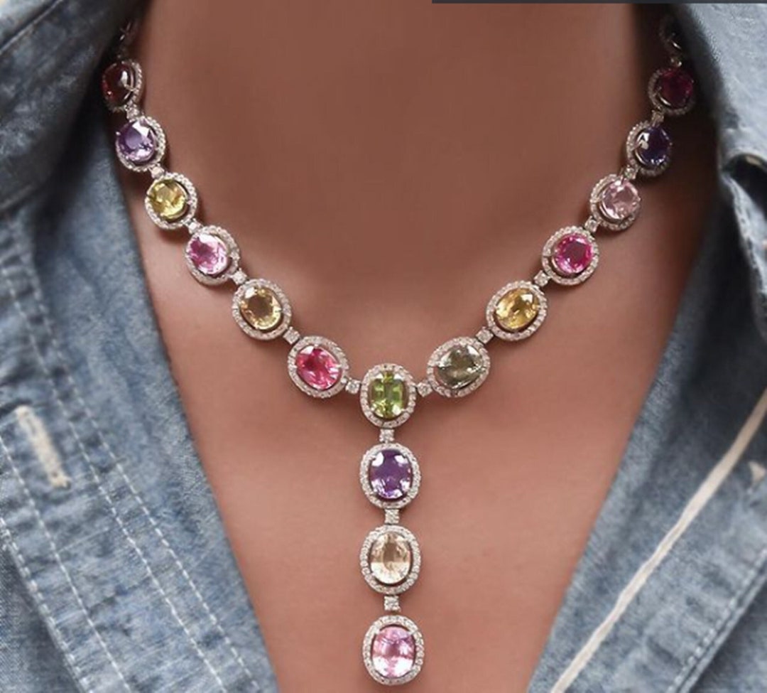 Stunning Multi Gemstone Necklace Multi Color Oval Round Diamond