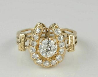 Horseshoe Shape Ring, Women's Good Luck Ring, 14K Yellow Gold Gift For Her, Round Cut Moissanite Diamond Party Wear Ring, Lucky Charm Ring