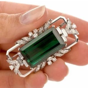 Vintage Style Art Deco Green Emerald Cut Brooch, Wedding Bridal Brooch, Statement Fine Jewelry, 925 Silver Anniversary Gift Cocktail Brooch