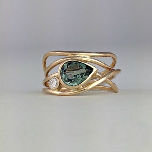 Green Horizon-ring, ringset peer en rond geslepen CZ stenen ring, op de natuur geïnspireerde verlovingsring, trouwring voor haar, edelsteenring