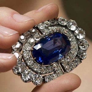 Antique Edwardian Brooch, Vintage Style Gemstone Brooch, 925 Silver Victorian Brooch, Royal Blue Sapphire CZ Stone Brooch, Party Wear Brooch
