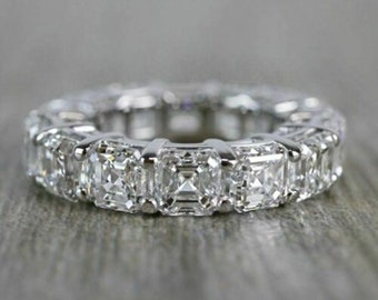 Woman&#39;s Wedding Proposal Band, 4.00 MM Asscher Cut CZ Stone Engagement Band, Valentine Gift, Full Eternity Band, Anniversary Gift For Her