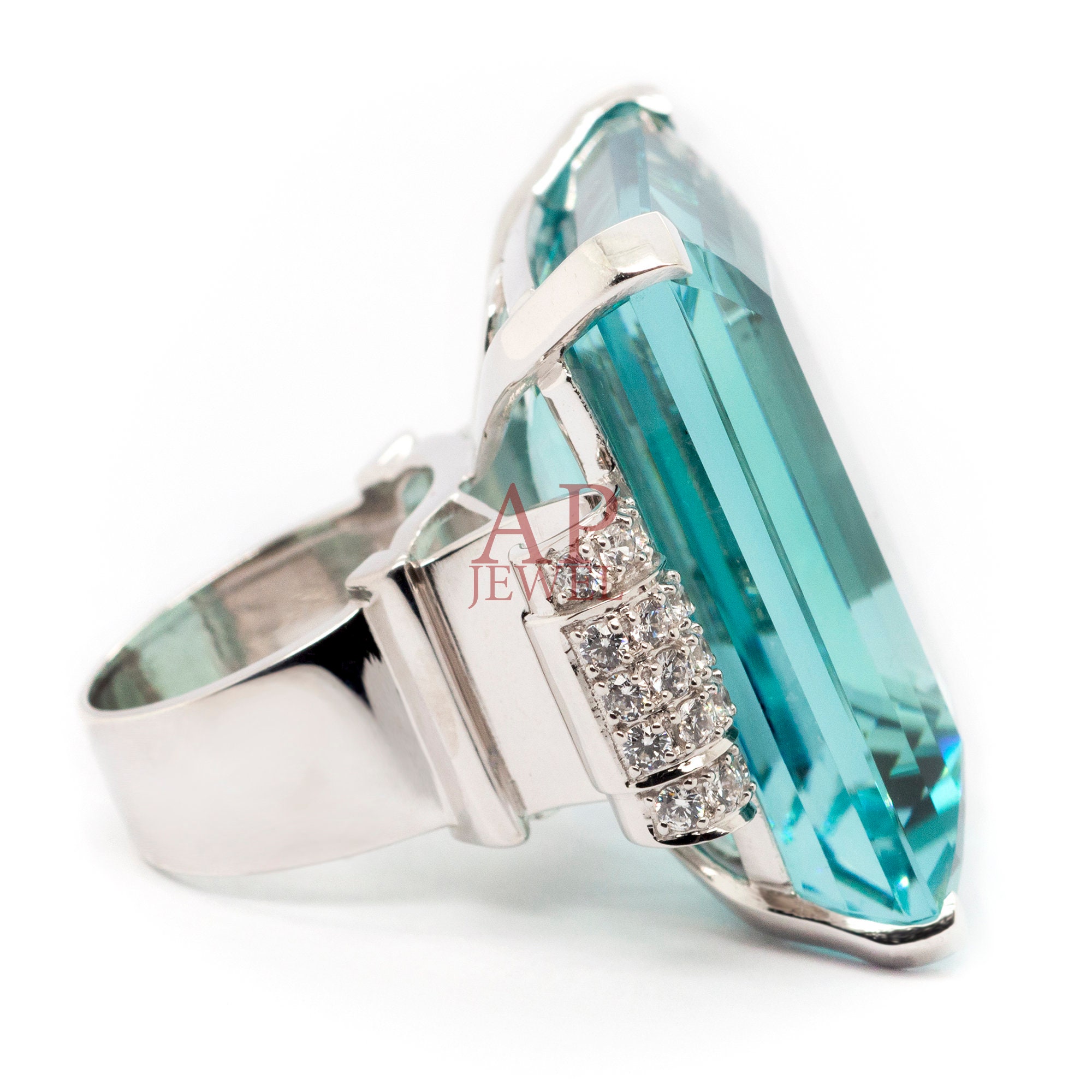 Aquablue Emerald Cut Diamond Cocktail Ring CZ Diamond Silver | Etsy