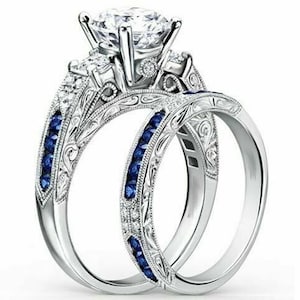 Wedding Engagement Ring Set, Blue & White Round CZ Stone Ring Set, Art Deco Vintage Inspire Ring Set, Anniversary Gift Ring Set, Ring Set