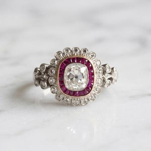 Old Mine Cut CZ Stone Art Deco Ring, Ruby Double Halo Cluster Set Ring, Gemstone Engagement Ring For Her, Women's Birthday Gift Fine Jewelry