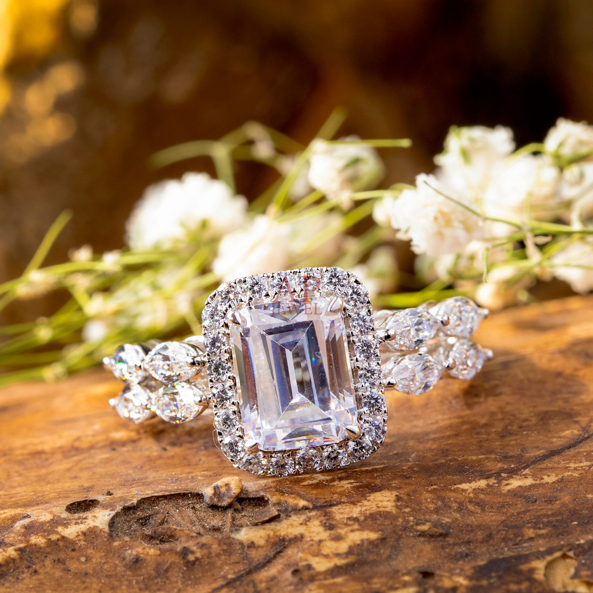 97MM Emerald Cut Wedding Bridal Ring Halo Set Diamond Ring Etsy