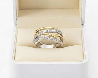 Multi-Layer-Criss-Cross-Ring, zweifarbiger Crossover-Ring, Rundschliff Moissanite Diamant-Party-Wear-Ring, Hochzeitsgeschenk für die Braut, Weihnachtsgeschenk