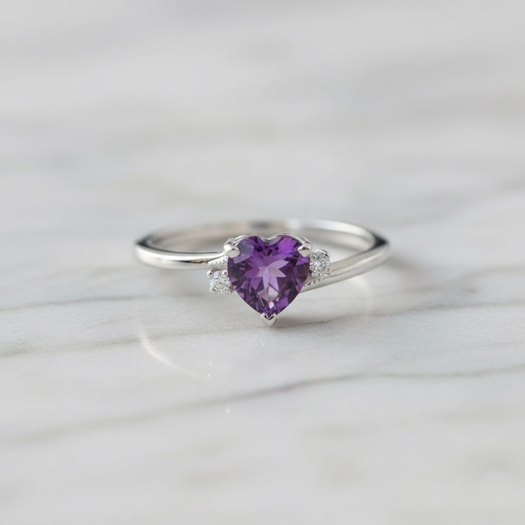 Delicate Amethyst Heart Ring, Three Stone Ring for Her, Trilogy ...