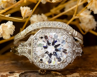 Circa 1930's Vintage Ring Set, Round Cut CZ & Moissanite Diamond Art Deco Ring Set, 14K Gold Engagement Ring Set, Antique Edwardian Ring