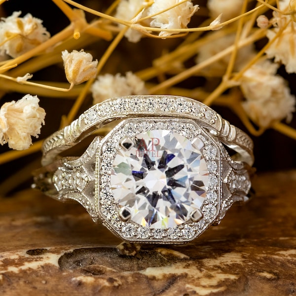 Circa 1930's Vintage Ring Set, Round Cut CZ & Moissanite Diamond Art Deco Ring Set, 14K Gold Engagement Ring Set, Antique Edwardian Ring